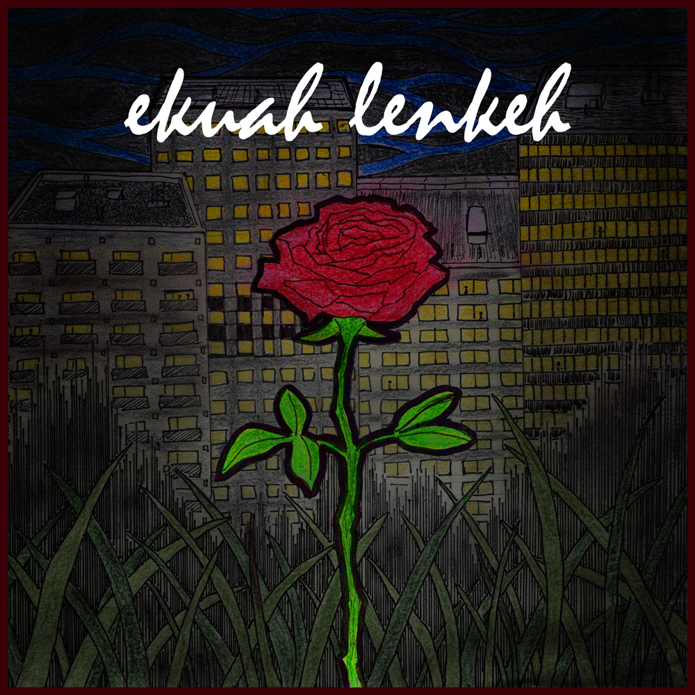 Cover ekuah lenkeh. Eine Rote Rose vor einer dunklen Stadt